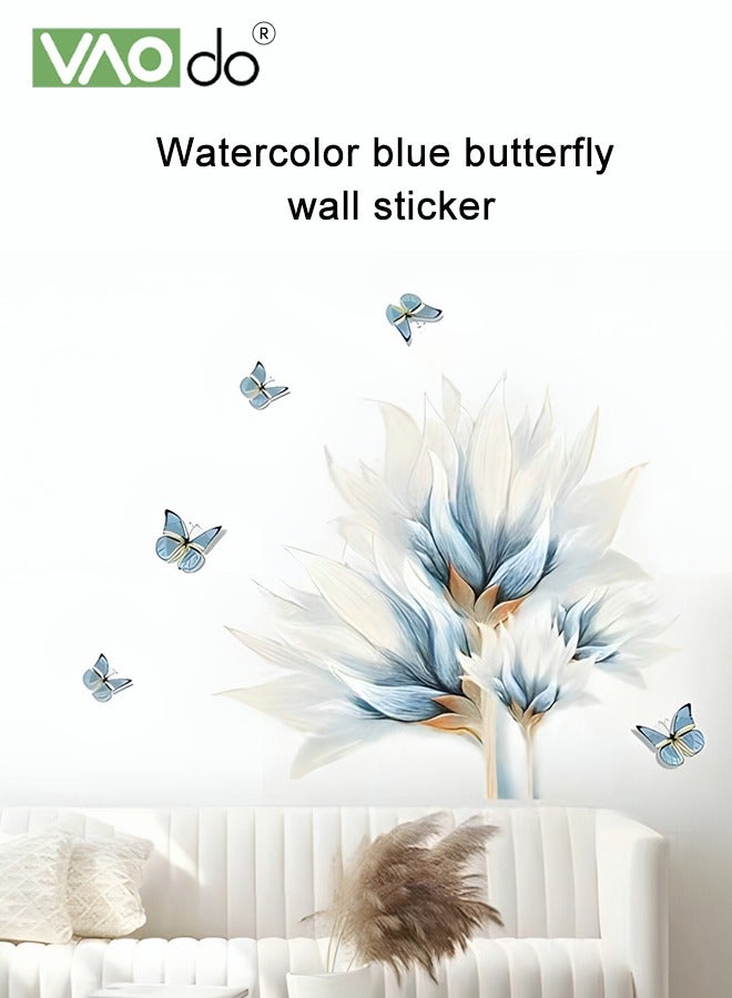 فاو دو ملصق حائط مطبوع ثلاثي الأبعاد  ألوان مائية فراشة زرقاء ونمط زهرة طازجة  ديكور المنزل  إزالة المواد البلاستيكية جدار الفن  الديكور دليل DIY ملصق الحائط - Image 2