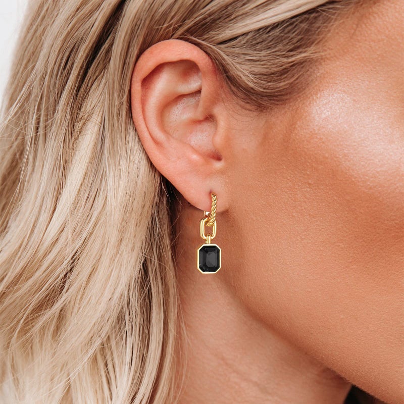 Mesovor Gold Crystal Hoop Earrings for Women Trendy, 18K Gold Plated Hoop Earrings | Emerald Green Black Crystal Dangling Earrings Jewelry Gift for Mother Wife (Black) - Image 3