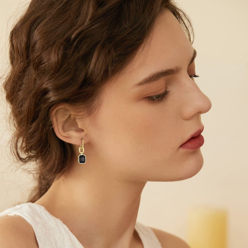 Mesovor Gold Crystal Hoop Earrings for Women Trendy, 18K Gold Plated Hoop Earrings | Emerald Green Black Crystal Dangling Earrings Jewelry Gift for Mother Wife (Black) - Image 4