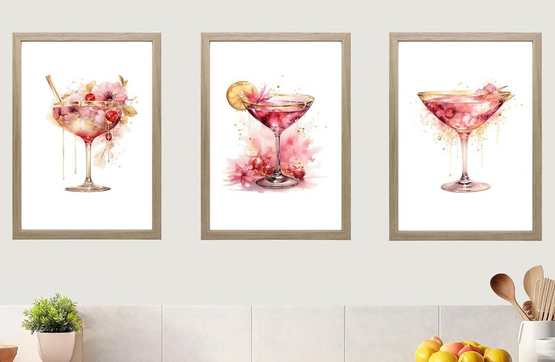 Eviepops Prints Pink Cocktails Set of 3 Unframed Wall Poster Prints - Image 1
