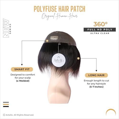 Artello® POLYFUSE Hair Patch for Men, 360° Full Poly, 0.06 mm Invisible Hairline, Skin Base, Ultra Thin, Trim-able PU, 100% Remy Human Hair Wig (Colour: Natural Black) (9x6) - Image 2