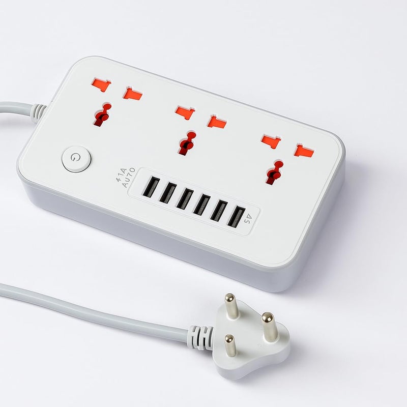 NOJTI لوحة تمديد، مشترك كهربائي مع 6 منافذ USB و3 مقابس عالمية، سلك تمديد بقدرة 2500 واط 10 أمبير، مشترك كهربائي مزود بحماية من زيادة التيار ثلاثي الأطراف للمنزل، المكتب، الكمبيوتر، شحن الجوال (أبيض-Z64) - Image 1