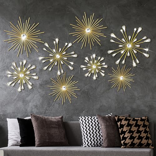 Blulu 8 Pcs Gold Metal Wall Art Cast Iron Starburst Wall Decor Bling Crystal Sculptures Living Room 3D Teardrop Radial Rhinestone Hanging Diamond Accents for Home Office Bedroom Entryway - Image 1