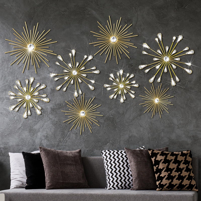 Blulu 8 Pcs Gold Metal Wall Art Cast Iron Starburst Wall Decor Bling Crystal Sculptures Living Room 3D Teardrop Radial Rhinestone Hanging Diamond Accents for Home Office Bedroom Entryway - Image 2