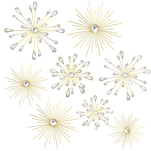Blulu 8 Pcs Gold Metal Wall Art Cast Iron Starburst Wall Decor Bling Crystal Sculptures Living Room 3D Teardrop Radial Rhinestone Hanging Diamond Accents for Home Office Bedroom Entryway - Image 3