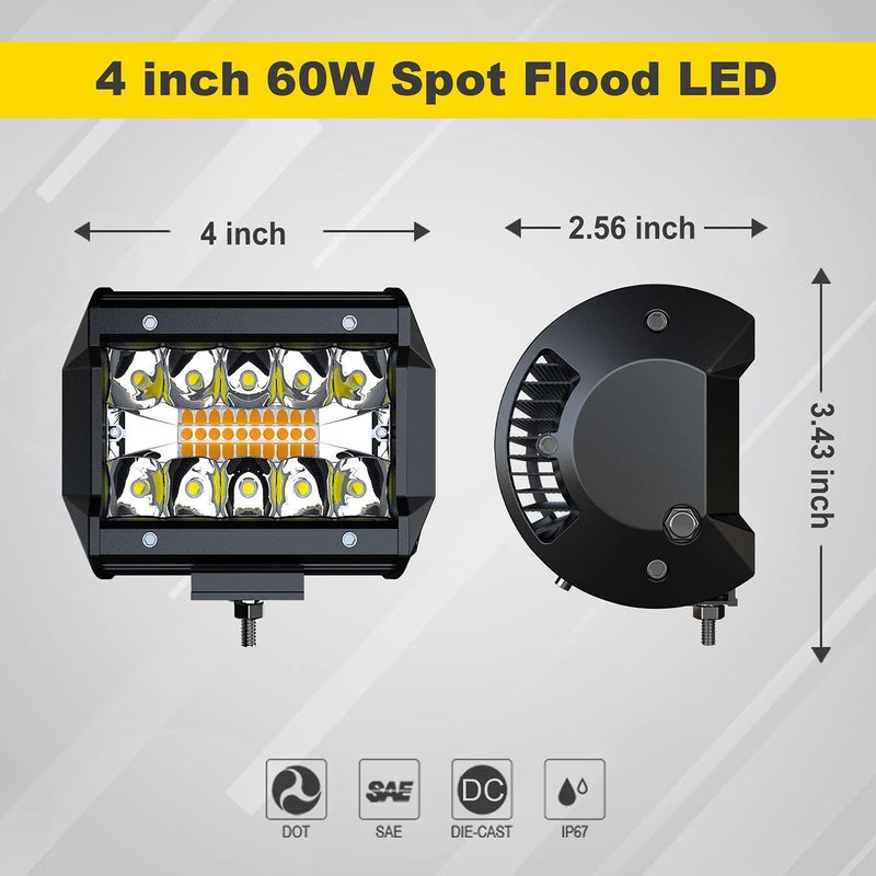 Feelon فيلون 4 قطع مصابيح LED 4 بوصة بيضاء/صفراء كهرمانية - 240 واط ضوء فلاش قيادة ضوء ضباب - Image 2