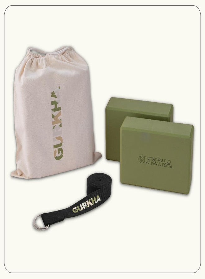 GURKHA Edge™ Yoga Block + Belt Combo | Carry Bag |Set of 2 | High-Density EVA Support for precision Grip & Alignment | Non-Slip Edged Design for Balance & Strength Training | 3X6X9 in (Deep Forest) - Image 1