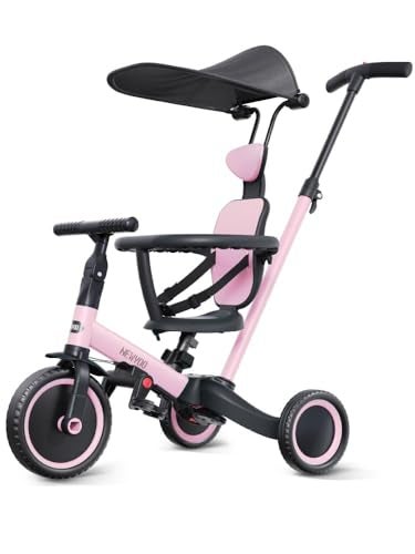 newyoo Tricycle for Toddlers 13 Toddler Tricycle with Push Handle and Canopy Toddler Bike Birthday Gift and Toys for Girl and Boy 6 in 1 Baby Trike Balance Bike TR009 Pink - Image 1