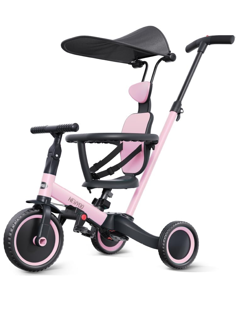 newyoo Tricycle for Toddlers 13 Toddler Tricycle with Push Handle and Canopy Toddler Bike Birthday Gift and Toys for Girl and Boy 6 in 1 Baby Trike Balance Bike TR009 Pink - Image 4