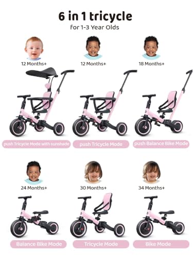 newyoo Tricycle for Toddlers 13 Toddler Tricycle with Push Handle and Canopy Toddler Bike Birthday Gift and Toys for Girl and Boy 6 in 1 Baby Trike Balance Bike TR009 Pink - Image 5