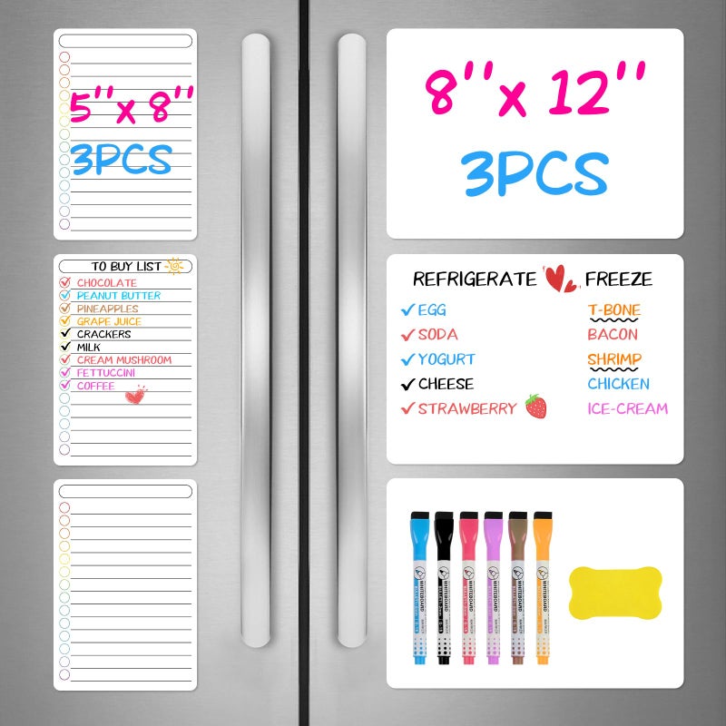 NUITPY 6 Pack Magnetic Dry Erase Board, 3 Pack 8'' x 12'' Magnetic Whiteboard for Fridge, 3 Pack 5'' x 8'' Magnetic Notepad for Kitchen Planner, Erasable Magnetic Board for Fridge with 6 Markers, 1 Eraser - Image 1