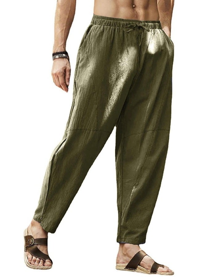 Gafeng Mens Linen Harem Pants Casual Loose Fit Beach Drawstring Elastic Waist Yoga Trousers with Pockets, Green, M - Image 2