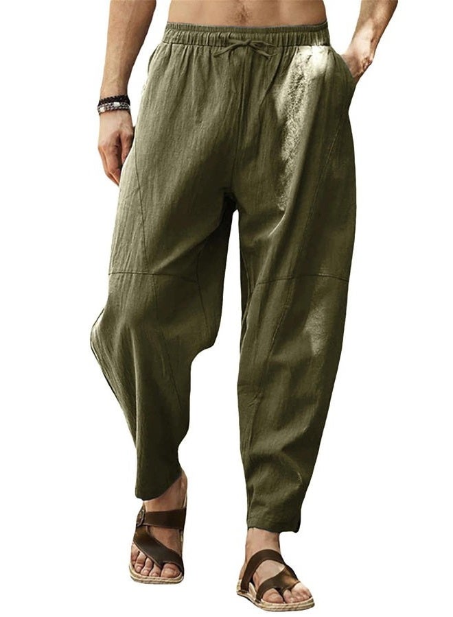 Gafeng Mens Linen Harem Pants Casual Loose Fit Beach Drawstring Elastic Waist Yoga Trousers with Pockets, Green, M - Image 1