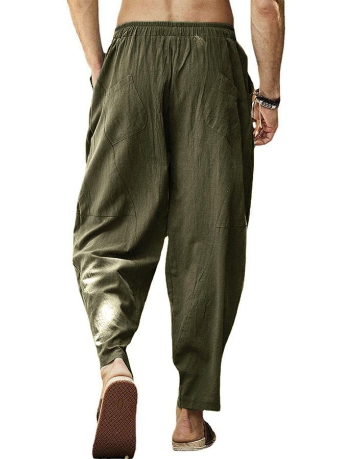 Gafeng Mens Linen Harem Pants Casual Loose Fit Beach Drawstring Elastic Waist Yoga Trousers with Pockets, Green, M - Image 4