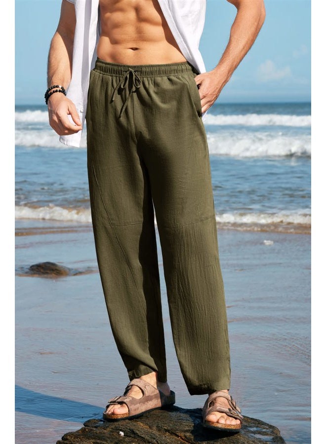 Gafeng Mens Linen Harem Pants Casual Loose Fit Beach Drawstring Elastic Waist Yoga Trousers with Pockets, Green, M - Image 3