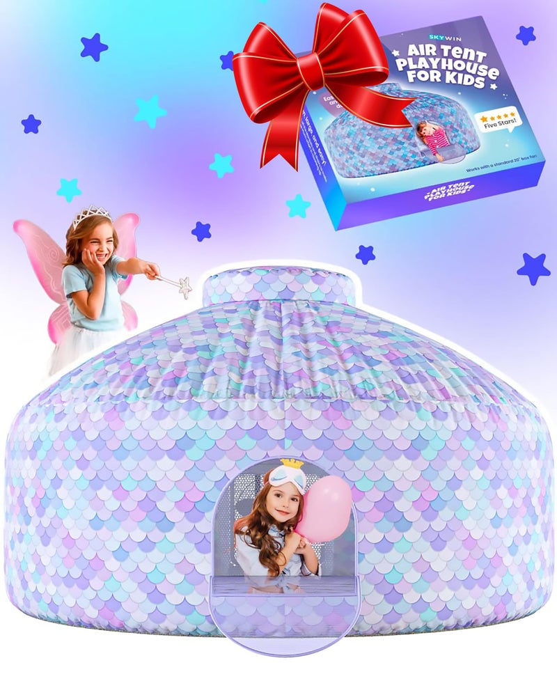 Skywin Mermaid Magic Fort Air Tent for Kids with Door (77â€ x 50â€) Builds in 30 Seconds, Toddler Tents Indoor for Imaginative Play, Kids Forts Indoor Playhouse, Christmas/Birthday Gift (Fan Not Incl) - Image 1