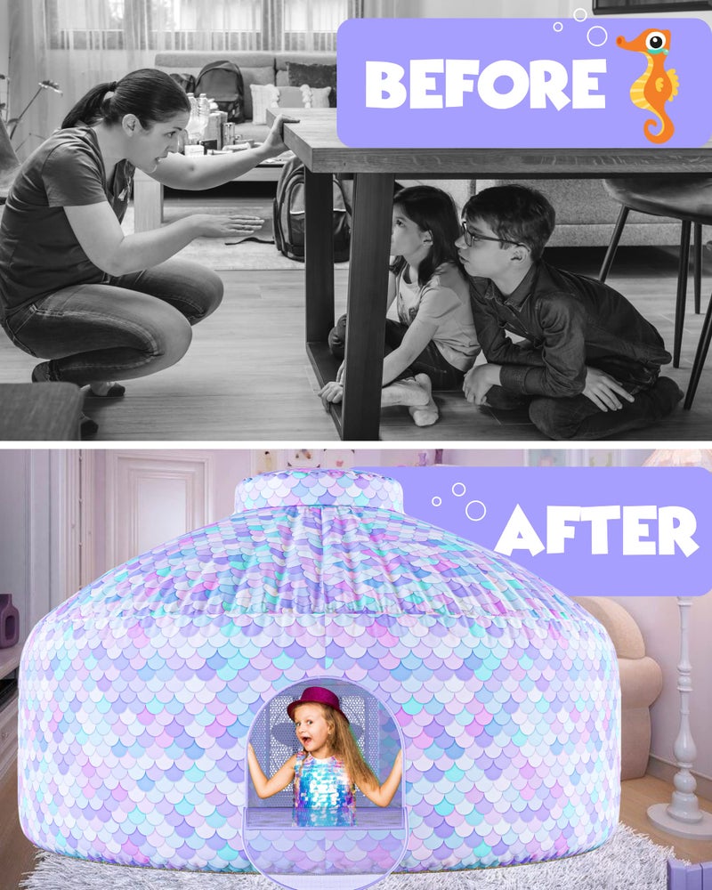 Skywin Mermaid Magic Fort Air Tent for Kids with Door (77â€ x 50â€) Builds in 30 Seconds, Toddler Tents Indoor for Imaginative Play, Kids Forts Indoor Playhouse, Christmas/Birthday Gift (Fan Not Incl) - Image 4