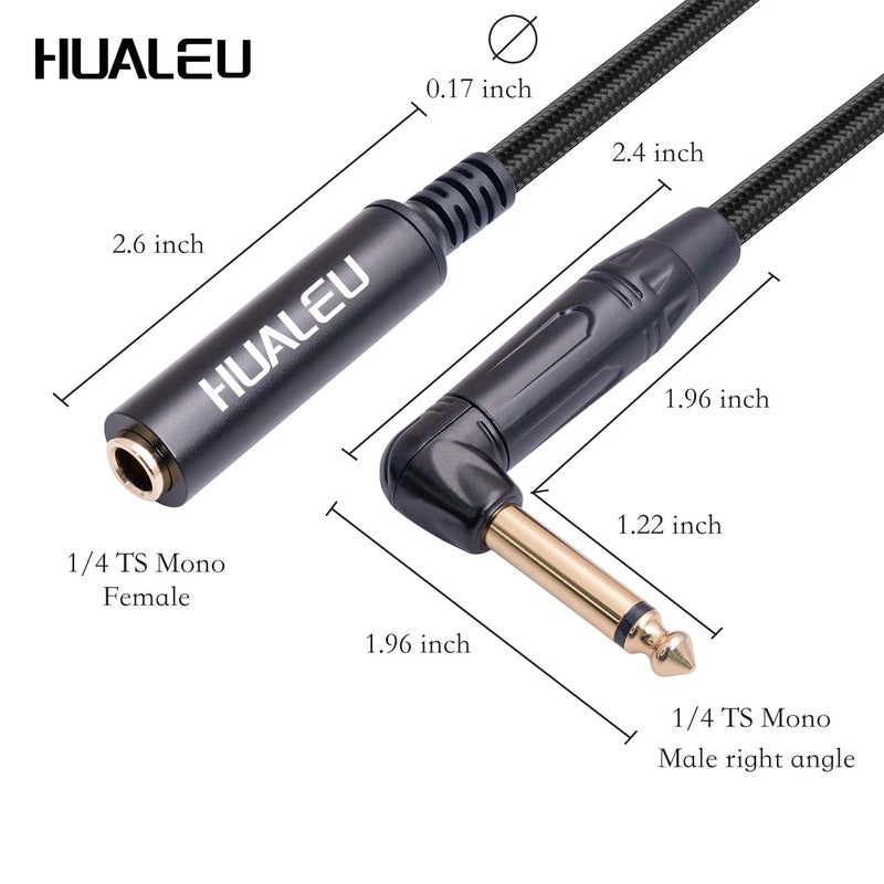 HUALEU 2-Pack 1FT 1/4 Inch Right Angle TS Male to 1/4 Inch TS Female Adapter, 6.35mm 1/4" Mono Connector for Bottom Plug and Front Facing Jack Guitar - Image 3