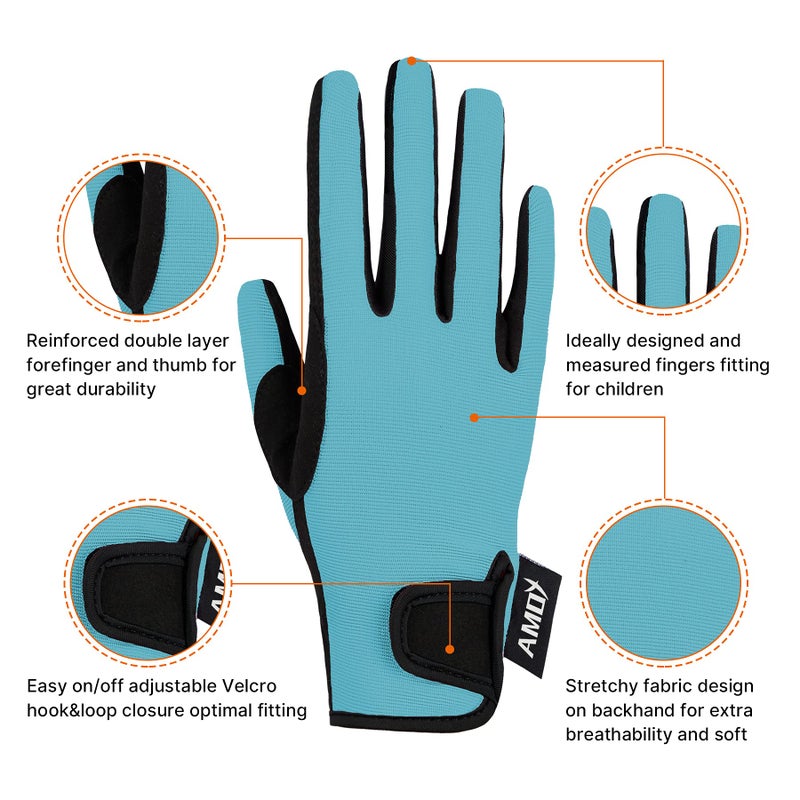 Amoy Kids Horse Riding Gloves Breathable Children Equestrian Horseback Anti-Slipping Boys & Girls Youth Outdoor Biking Cycling Sport Mitts Sky Blue L Age 12-14 - Image 2