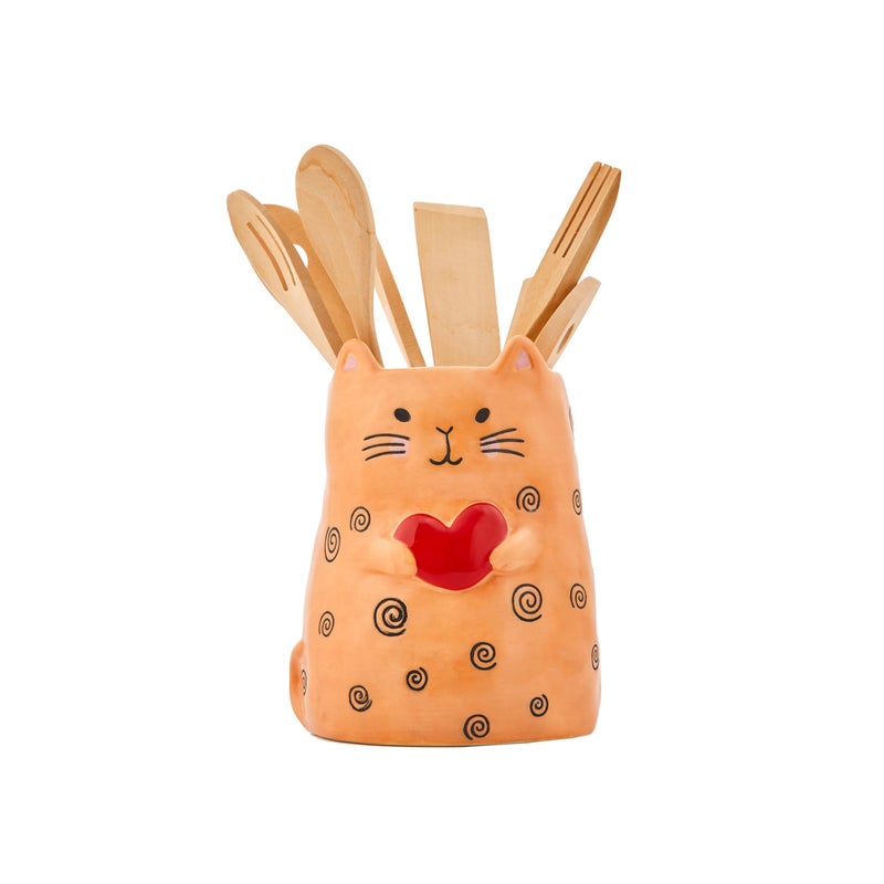 Bico Cartoon Cat Handpainted Stoneware Orange 7.8 inch Utensil Holder, Dishwasher Safe - Image 1