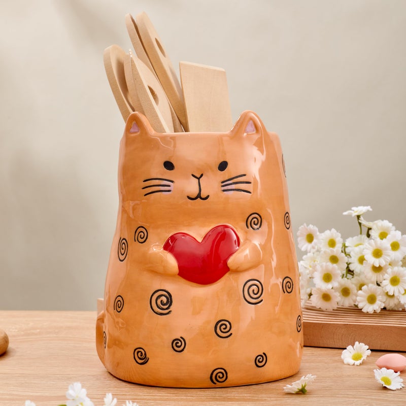 Bico Cartoon Cat Handpainted Stoneware Orange 7.8 inch Utensil Holder, Dishwasher Safe - Image 4