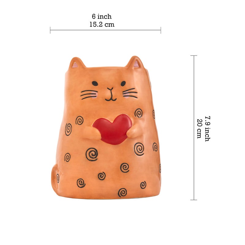 Bico Cartoon Cat Handpainted Stoneware Orange 7.8 inch Utensil Holder, Dishwasher Safe - Image 2
