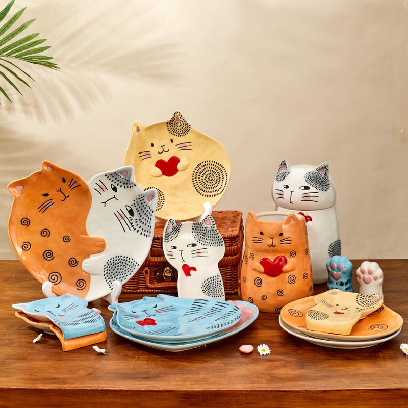Bico Cartoon Cat Handpainted Stoneware Orange 7.8 inch Utensil Holder, Dishwasher Safe - Image 5