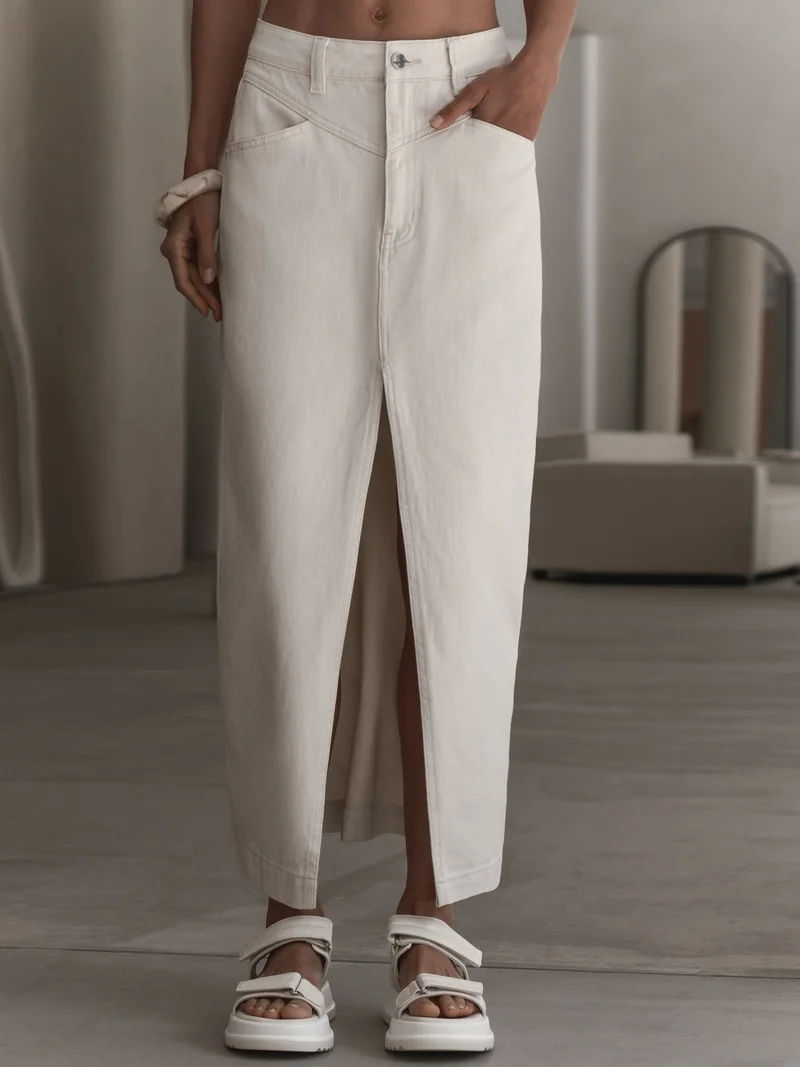 Maxi denim skirt with a front slit