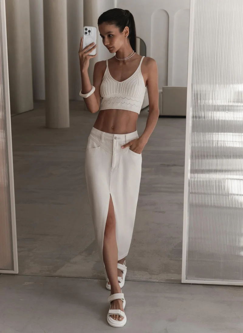 Lichi  Maxi denim skirt with a front slit for Women | Best Price UAE