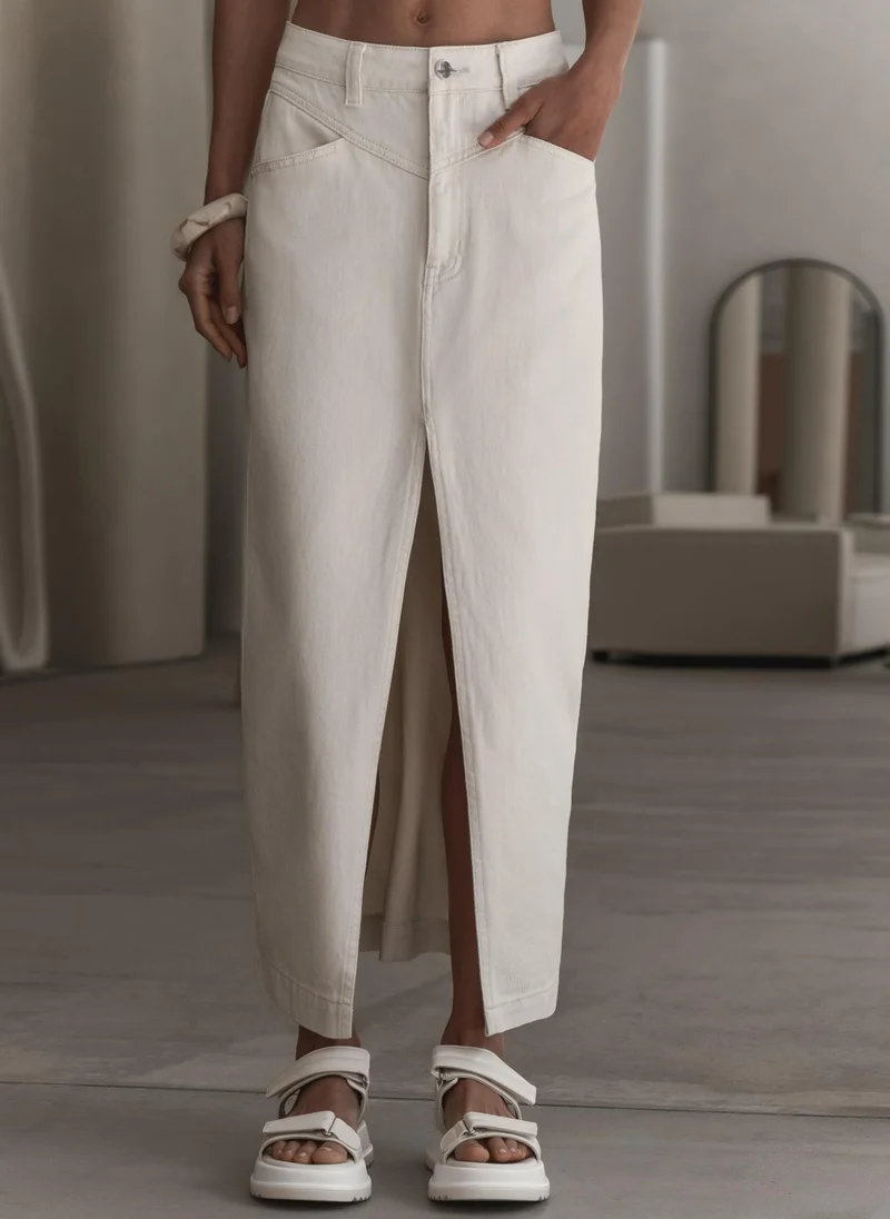 Maxi denim skirt with a front slit