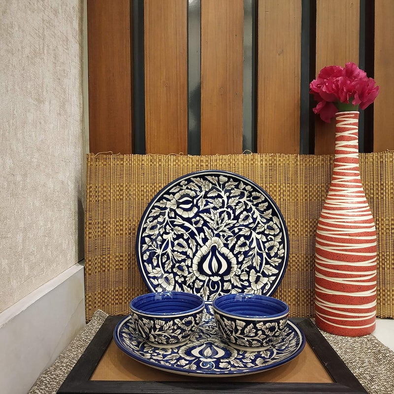Caffeine Ceramic Handmade Blue Mughal Combo Dinner Set (4 pcs.) - Image 2