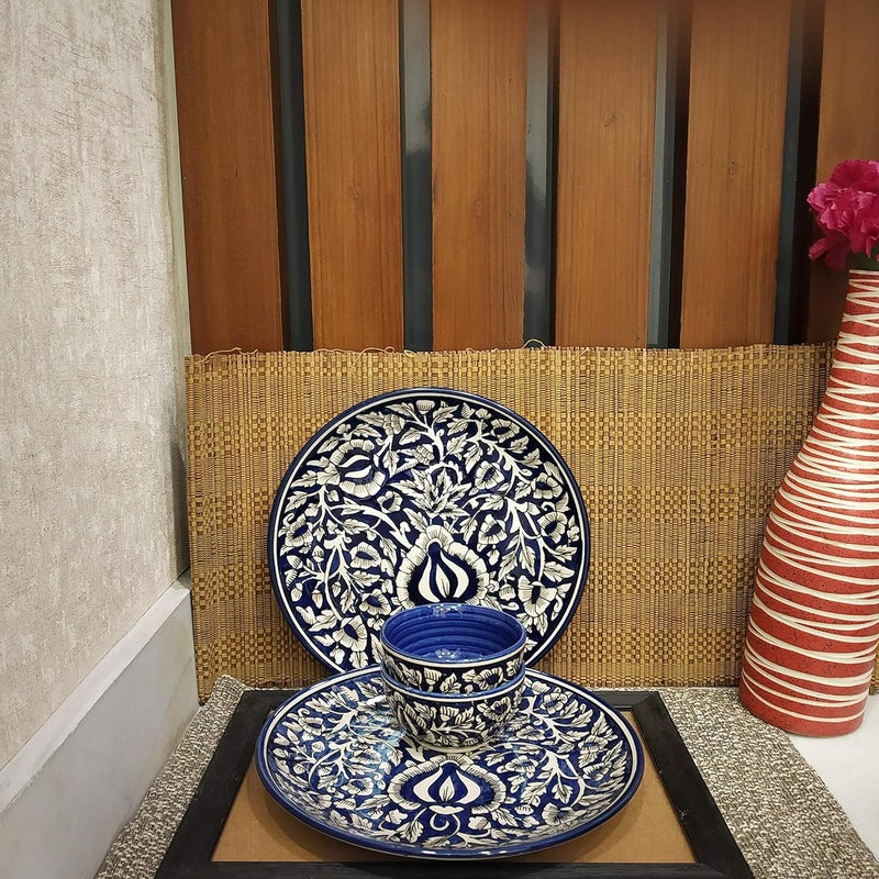 Caffeine Ceramic Handmade Blue Mughal Combo Dinner Set (4 pcs.) - Image 1