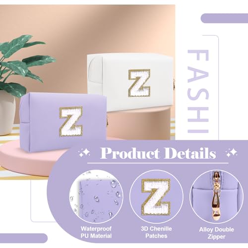 ChaoGreat Personalized Makeup Bag Initial A-Z Preppy Patch Bag,Small PU Leather Travel Cosmetic Bag Pouch with Zipper,Purple Cute Toiletry Bag,Gift Ideal for Teen Girls Women Birthday Friend Mom,Latter Z - Image 3