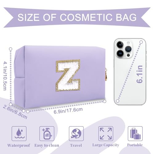 ChaoGreat Personalized Makeup Bag Initial A-Z Preppy Patch Bag,Small PU Leather Travel Cosmetic Bag Pouch with Zipper,Purple Cute Toiletry Bag,Gift Ideal for Teen Girls Women Birthday Friend Mom,Latter Z - Image 2