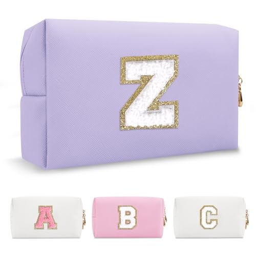 ChaoGreat Personalized Makeup Bag Initial A-Z Preppy Patch Bag,Small PU Leather Travel Cosmetic Bag Pouch with Zipper,Purple Cute Toiletry Bag,Gift Ideal for Teen Girls Women Birthday Friend Mom,Latter Z - Image 1