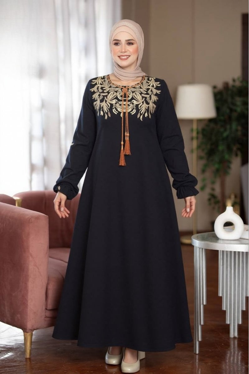 Marasi Women's Casual Cotton Abaya - Embroidery on the Chest and Sleeves - Suitable for Reception and Outings - Image 2
