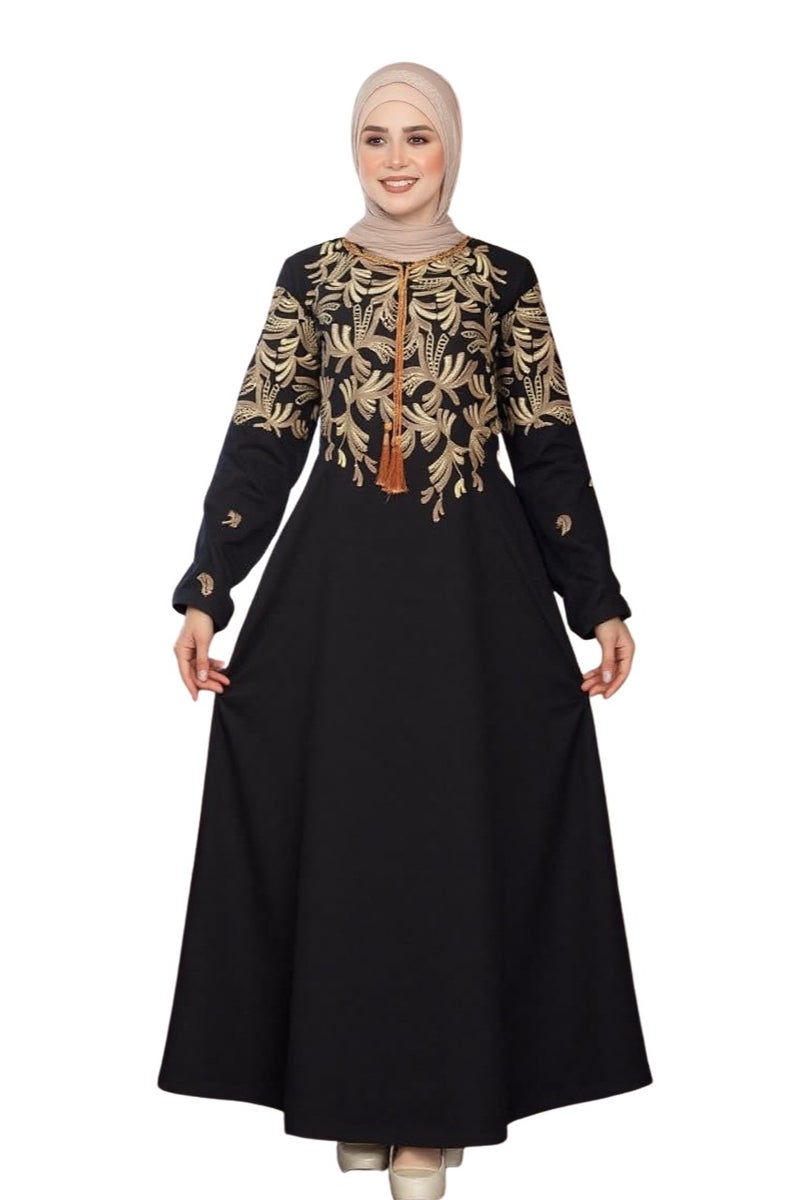 Marasi Women's Casual Cotton Abaya - Embroidery on the Chest and Sleeves - Suitable for Reception and Outings - Image 1