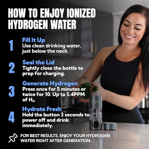 EVOLV Hydrogen Water Bottle Generator – SPE & PEM Water Ionizer 5.4PPM, Highest H2 Concentration – Portable 8oz Hydrogenated Water Bottle – Leak-Proof Hydrogen Water Machine, Easy to Use – Carbon - Image 5