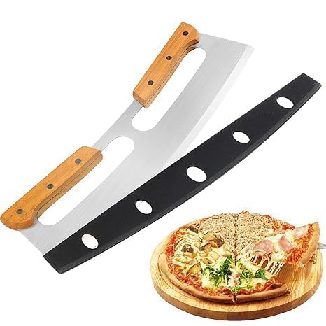 Cyrox Wooden Handles Stainless Steel 14 Large Pizza Slicer Pizza Knife Protective Cover Pizza Cutter Rocker Sharp Pizza Oven Accessories Essential Kitchen Tool Wood - Image 1