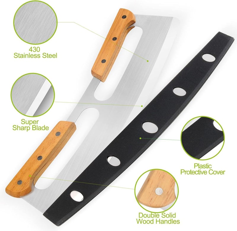Cyrox Wooden Handles Stainless Steel 14 Large Pizza Slicer Pizza Knife Protective Cover Pizza Cutter Rocker Sharp Pizza Oven Accessories Essential Kitchen Tool Wood - Image 3