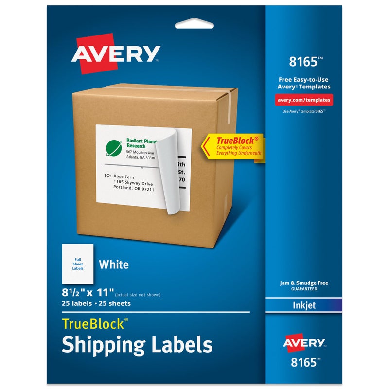 Avery White FullSheet Labels for Inkjet Printers with TrueBlock Technology 8 12 Inch x 11 Inch Pack of 25 8165