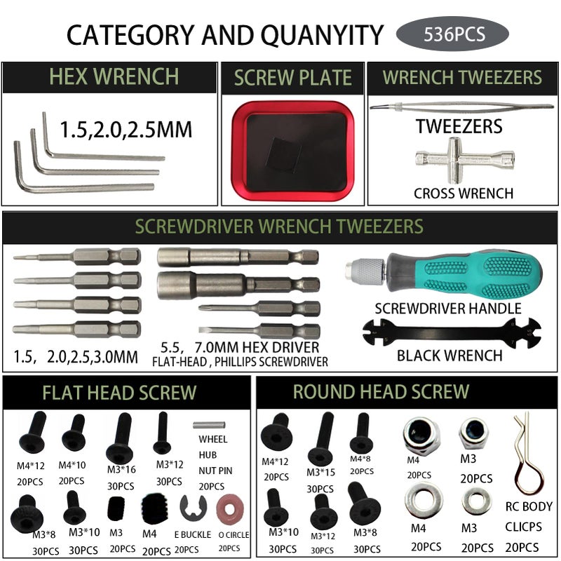 RC Lelut RC Car Repair Work Stand Repair Tool Set 360 Degree Rotation and 523PCS RC Screws Kit & RC Screwdrivers and Screws Pallet for 1/8 1/10 1/12 1/16 1/18 RC Crawler Truck Buggy Vehicle Scale Accessories - Image 4