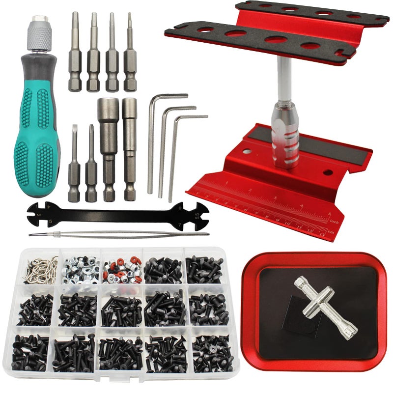 RC Lelut RC Car Repair Work Stand Repair Tool Set 360 Degree Rotation and 523PCS RC Screws Kit & RC Screwdrivers and Screws Pallet for 1/8 1/10 1/12 1/16 1/18 RC Crawler Truck Buggy Vehicle Scale Accessories - Image 1