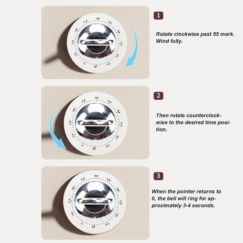Longevity optimized build 60 Minute Mechanical Timer, Magnetic Wind Up Kitchen Timer, Vintage Design Cooking with Compact Housing, Ideal for Cooking, Baking, Reading, Homework & Jogging (Cream Color) Varied dimensions - Image 4