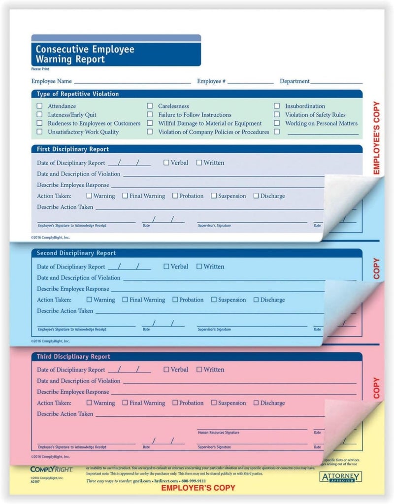 ComplyRight Consecutive Employee Warning Report 4-Part | 8-1/2” x 11” | Discipline Form | 50 Pack - Image 1