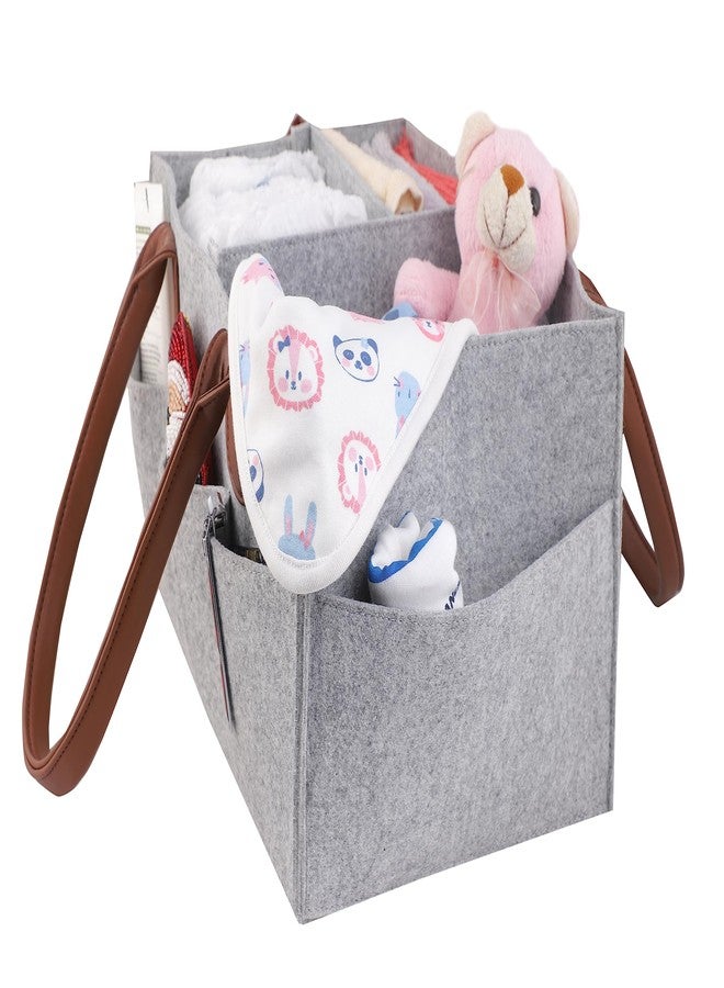 Mysa Felt Baby Diaper Caddy Nursery Storage Bin Basket Car Organizer With Vegan Leather Handle For Diapers And Baby Wipes For Changing Table, Suitable For Indoor Outdoor (Gray) - Image 3