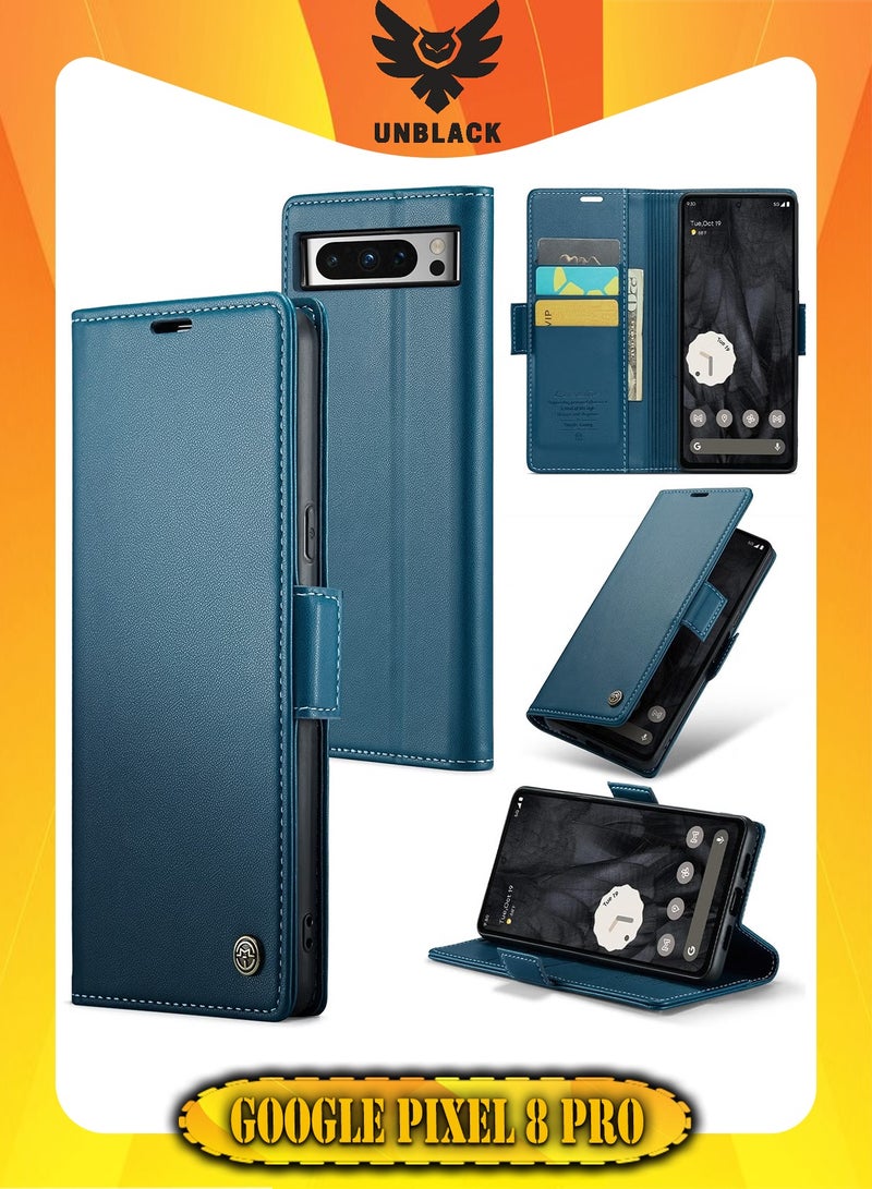 CaseMe Flip Wallet Case For Google Pixel 8 Pro, [RFID Blocking] PU Leather Wallet Flip Folio Case with Card Holder Kickstand Shockproof Phone Cover (Blue) - Image 1