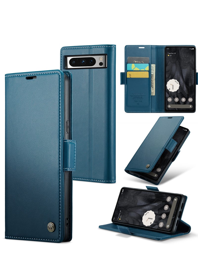 CaseMe Flip Wallet Case For Google Pixel 8 Pro, [RFID Blocking] PU Leather Wallet Flip Folio Case with Card Holder Kickstand Shockproof Phone Cover (Blue) - Image 2