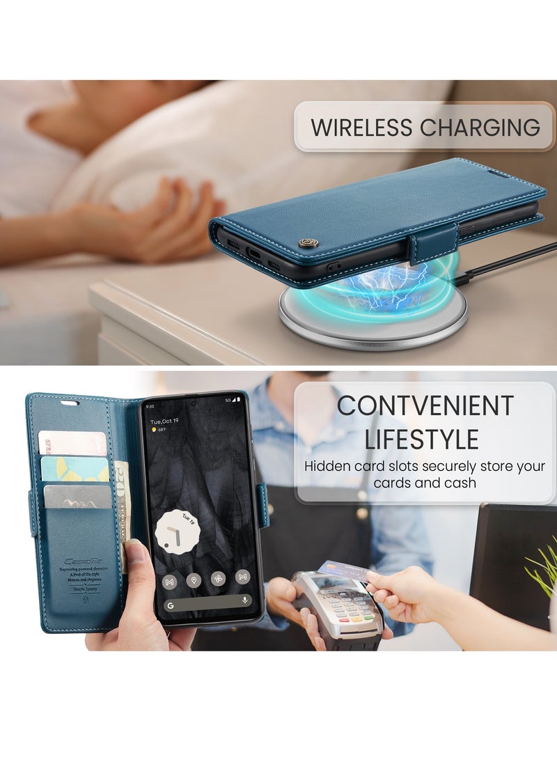 CaseMe Flip Wallet Case For Google Pixel 8 Pro, [RFID Blocking] PU Leather Wallet Flip Folio Case with Card Holder Kickstand Shockproof Phone Cover (Blue) - Image 5