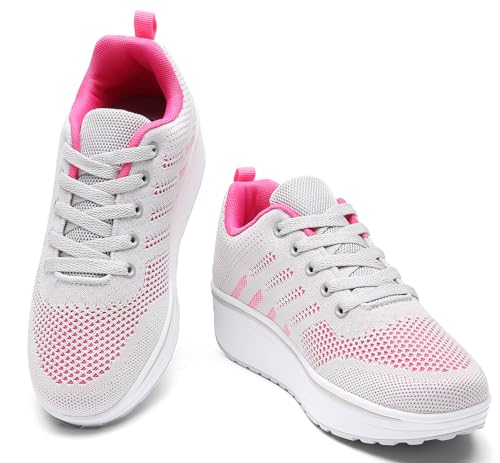DADAWEN Women's Slip On Breathable Mesh Walking Tennis Shoes Lightweight Comfort Wedge Platform Casual Sneakers for Gym Travel Work Gray/Hot Pink US Size 8.5 - Image 3
